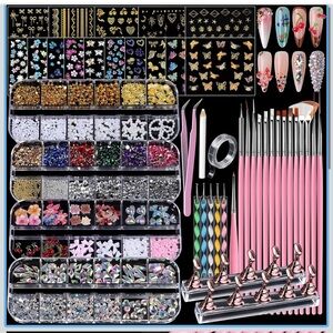 Nail Art Decoration Kit with Pink Brushes charms rhinestones salon pearls